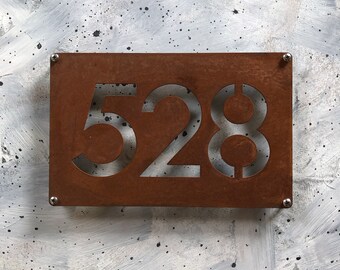 Rustic Modern Address Numbers: CUSTOM Modernist Mini House Number Sign in Rusted Steel