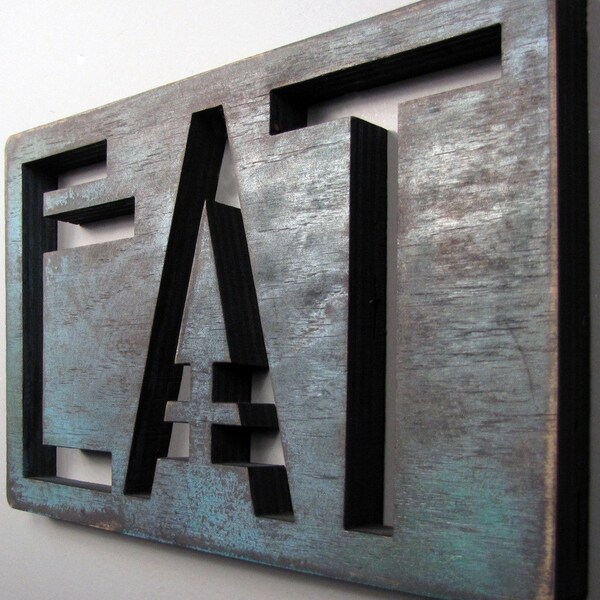 EAT Hand Painted Wooden Sign Blue Green Small