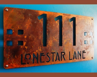 Craftsman Style House Number Sign: CUSTOM Mission Style Deluxe Address Plaque in Rusted Steel