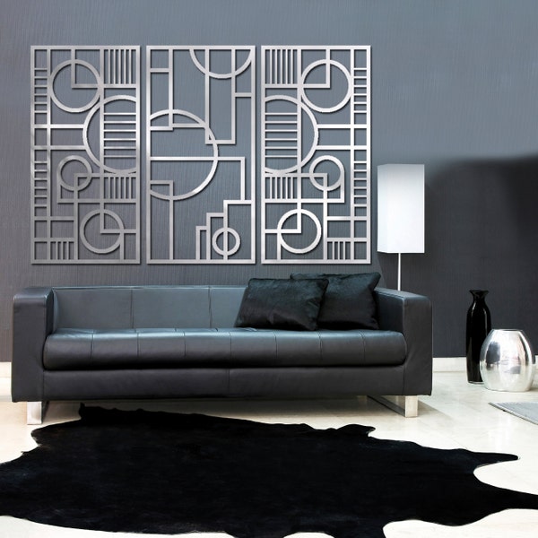 Art Deco Style Wall Art: Deco Panel TRIO 23 X 46 in Brushed Aluminum Extra Large Wall Art Outdoor Garden Art
