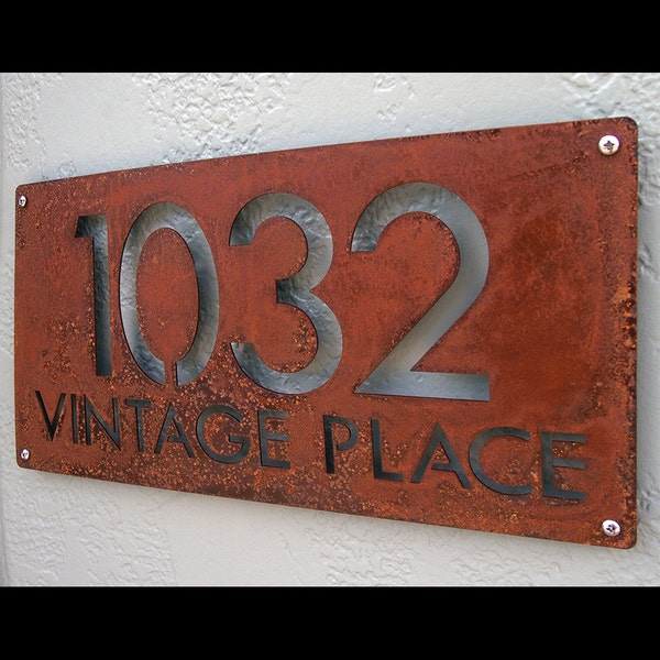 Rustic Modern House Numbers: CUSTOM Modern Deluxe Address Sign in Rusted Steel