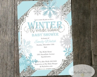 winter wonderland baby shower invitation snowflakes blue silver glitter stripes instant download editable text pdf
