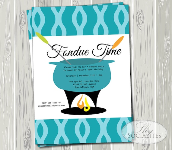 Fondue Party Invitations Aqua Blue Teal Retro Mod Etsy