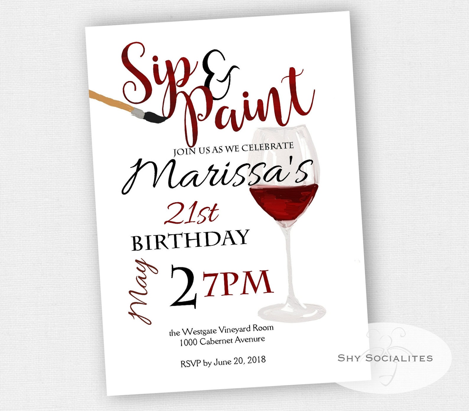 Sip and Paint Wine Invitation Bridal Shower Cocktail Party Etsy