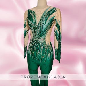 Emerald Green Rhinestone-Encrusted Long Sleeve Gymnastics Unitard- Performance & Competition Wear