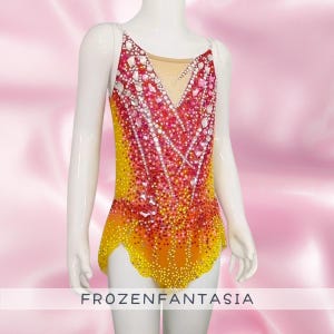 Red-Yellow Full Rhinestone Spaghetti Strap Performance Leotard-Performance Professional Competition Dress for Girls/Women