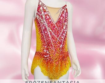 Red-Yellow Full Rhinestone Spaghetti Strap Performance Leotard-Performance Professional Competition Dress for Girls/Women