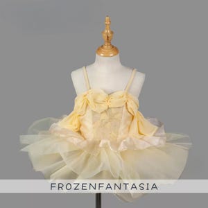 Może przedstawiać: Jasnożółta sukienka tutu z gorsetem i ramiączkami spaghetti. Gorset ma kwiatowy wzór i jest ozdobiony marszczoną tkaniną. Spódnica jest warstwowa z tiulu. Tekst "FROZENFANTASIA" znajduje się na dole obrazu.