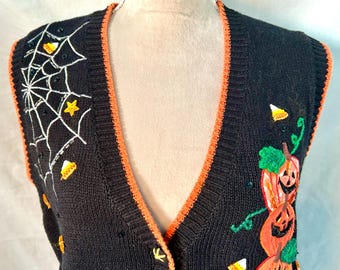 Vintage 90s Tiara International Novelty Halloween Beaded Sequin Embroidered Cotton Blend Sweater Vest, Size XL
