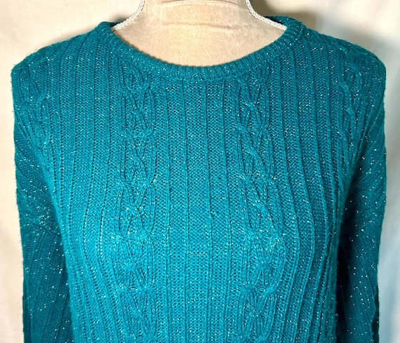 Diane von Furstenberg, Vintage 90s Diane von Furstenberg The Color Authority Teal Sparkly Cable Knit Oversized Tunic Sweater, Size M/L+