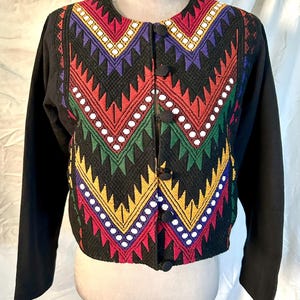 May include: Black long-sleeve jacket with a vibrant, embroidered design. The embroidery features a zig-zag pattern in red, yellow, green, purple, and white. The jacket has a round collar and black buttons.