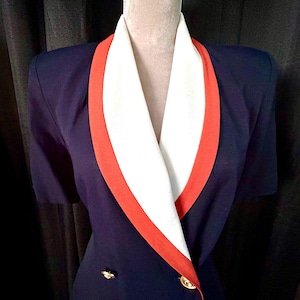 Vintage ‘80s Danny and Nicole Navy Knee Length Suit Dress w/ Orange, White Collar, Size 10