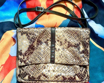 Vintage Y2K Brighton Beige, Brown Snakeskin Leather Flap Handbag