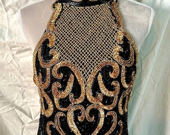 Vintage 80s Le Monde Fashion Black, Gold Beaded, Sequin Embellished Silk Gown, Modern Size M