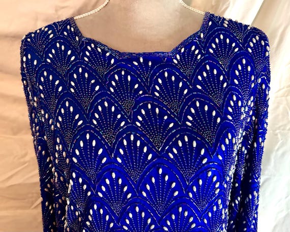 Vintage Beaded Silk Top - Cobalt Blue Evening Blouse - Etsy display picture 1
