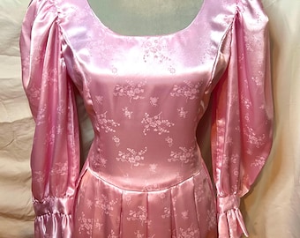 Vintage 80s Pink Satin Jacquard Puff Sleeve Floral Princess Dress, Size M