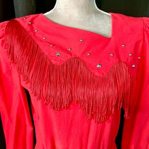 Vintage ‘80s Red Lilia Smitty Western Maxi Dress w/ Fringe & Silver Studs, Size 5/6