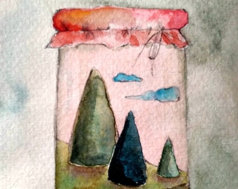 Watercolor art print - Pocket landscape - tiny landscape in a jar Valentine's day gift for her gift for him