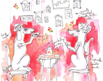 Watercolor art print - Poodles sipping tea - watercolor art print Valentine's day gift for her gift for him