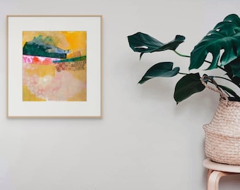 Colisión en pintura original de medios mixtos amarillo anaranjado y verde - Pintura de collage acrílico de paisaje abstracto para amantes del arte contemporáneo
