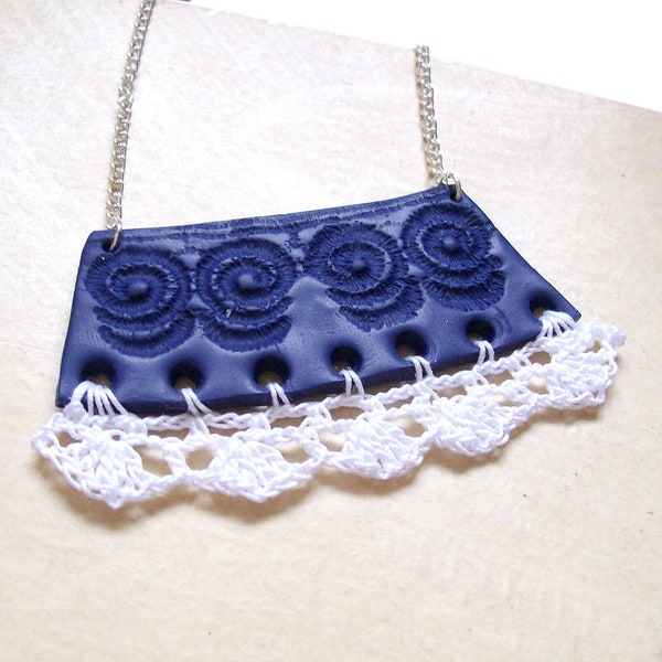 RESERVED Crochet clay bib necklace navy blue white fashion necklace nautical lace crochet frill polymer clay necklace "The Collar Blue"