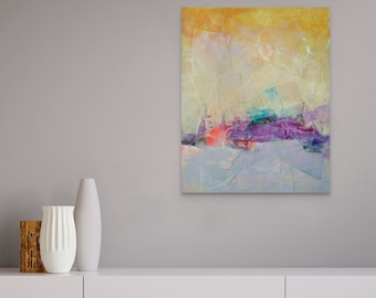 Sunrise in the desert mixed-media art print - Abstract landscape acrylic and collage painting for abstract art lovers