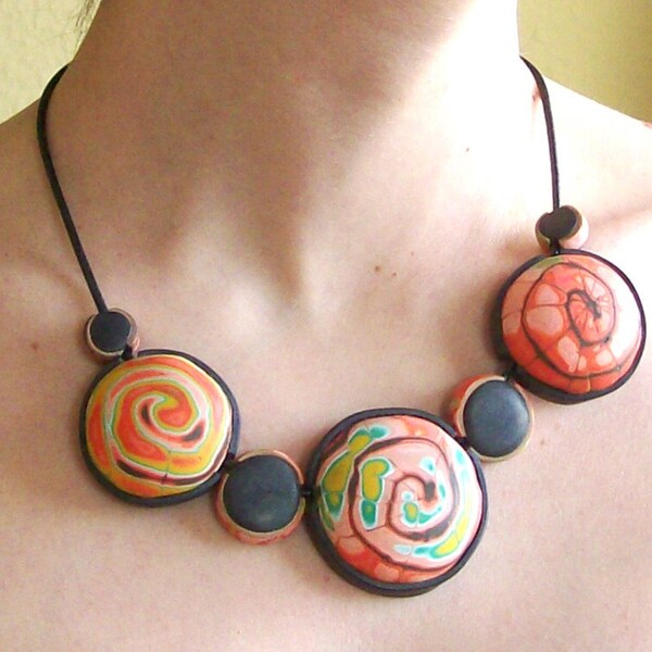 Baubles tropical cocktail necklace chunky polymer clay solar burst necklace pink orange green yellow black titanium unique