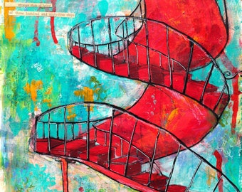 365 steps - original mixed-media acrylic painting intuitive abstract painting of red spiral staircase for the modern contemporary art lover