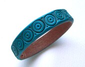 Boho bangle bracelet teal blue stamped thin polymer clay bracelet leather look