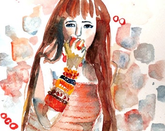 Watercolor art print - Bejeweled long-haired woman with many bangles eating a peach and bracelets gift for her gift for him