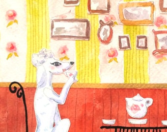 Mixed-media art print 13x18 - Poodles sipping tea from dainty china cups with an impeccable posture - print of watercolor collage painting