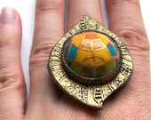 Art deco colorful cocktail ring polymer clay statement ring in yellow orange blue green purple and bronze