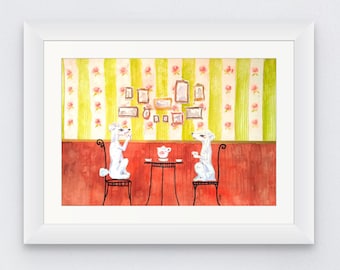 Mixed-media art print A4 - Poodles sipping tea from dainty china cups with an impeccable posture - print of watercolor and collage painting