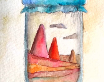 Watercolor art print - Pocket landscape: landscape in a jar to keep in your pocket Valentine's day gift for her gift for him