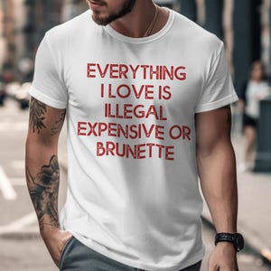 Everything I Love Is Expensive Illegal or Brunette Tee, Funny T-Shirt for Fashion Lovers,PNG Design Gift, Casual Everyday wear