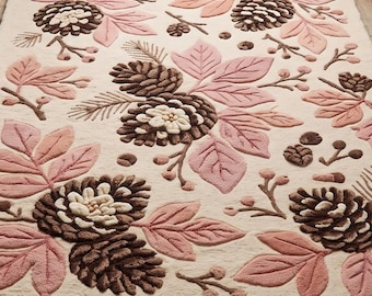 Handtuftad blommig ullmatta, modern abstrakt botanisk matta, rosa blommig matta, modern vardagsrumsinredning