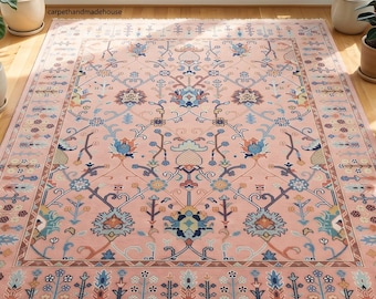 Utsökt rosa matta, modern blommig handknuten Oushak-matta, traditionell turkisk matta, matta för vardagsrum och heminredning.
