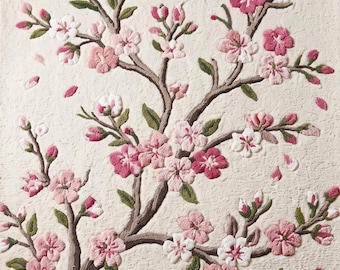 Handtuftad ullblommig matta, körsbärsblomsmatta, rosa botanisk matta, japanskinspirerad heminredning, elfenbensmatta