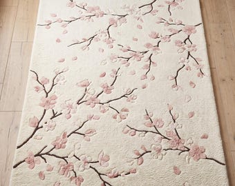 Hand Tufted Cherry Blossom Rug, Floral Wool Area Rug, Sakura Rug, Japanese Inspired Rug, Cream Pink Rug, Handmade Home Decor