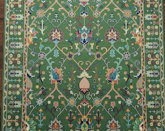 Grön, handknuten Oushak blommig ullmatta för vardagsrum och heminredning i storlekarna 8x10, 9x12, 10x14.