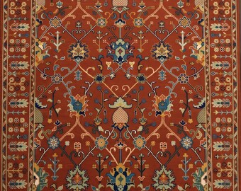Antik Oushak terrakottamatta, blommig modern handknuten ullmatta, traditionell stilmatta, vintageinspirerad matta, heminredning