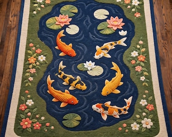 Koifiskmatta, handtuftad ullmatta, japansk dammmatta, näckrosmatta, naturinspirerad inredning.