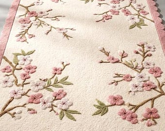 Hand Tufted Cherry Blossom Rug, Scalloped Border Wool Area Carpet, Pink Floral Nursery Decor