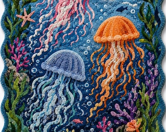 Hand-Tufted Wool Jellyfish Rug, Ocean Nursery Carpet, Coastal Underwater Sea Life Home Decor