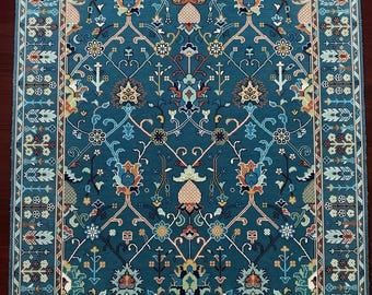 Handknuten Oushak-matta, blå blommig ullmatta, traditionell turkisk matta, persisk matta, vintageinspirerad inredning