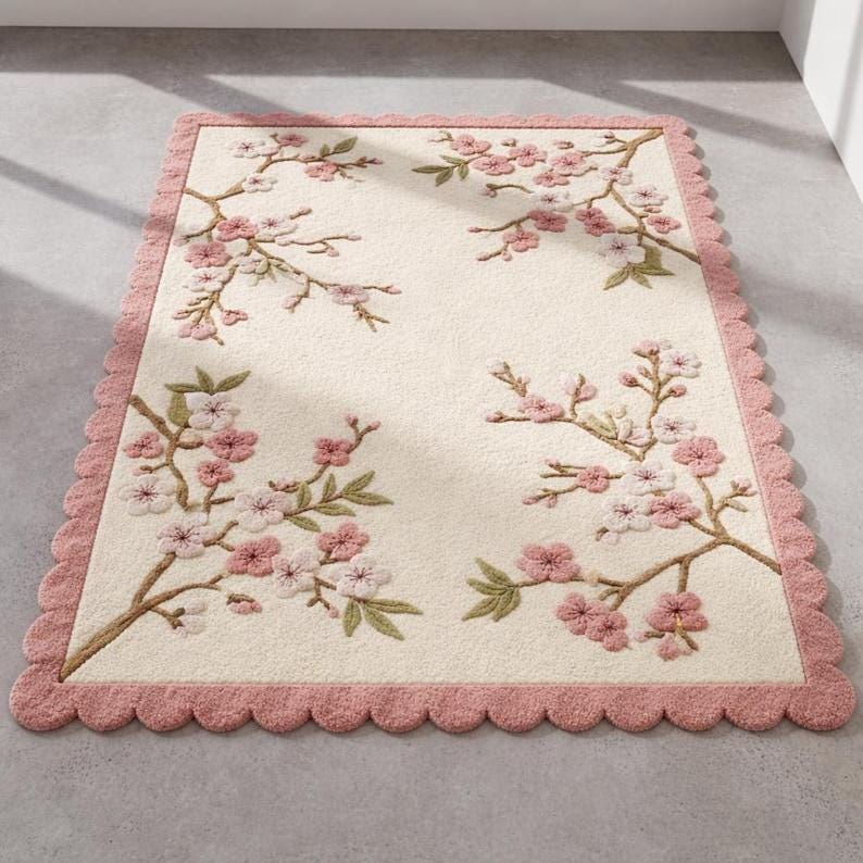 Hand Tufted Cherry Blossom Rug, Scalloped Border Wool Area Carpet, Pink ...