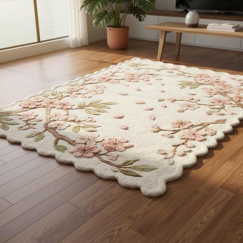 May include: Cream-colored rectangular rug with a scalloped edge, featuring a floral design of pink blossoms and green leaves on brown branches. The rug is placed on a hardwood floor.