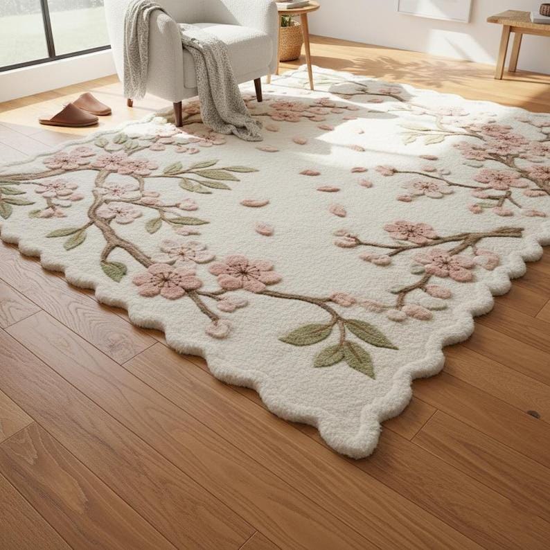 May include: A cream-colored rug with a floral design featuring pink blossoms and green leaves on brown branches. The rug has a scalloped edge and is placed on a hardwood floor. The rug is a decorative home decor item.