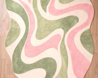 Handtuftad abstrakt ullmatta, oregelbunden rosa grön vågmatta