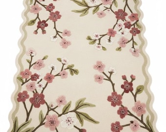 Hand Tufted Floral Rug – Cream Pink Blossom, Scalloped Edge Area Rug